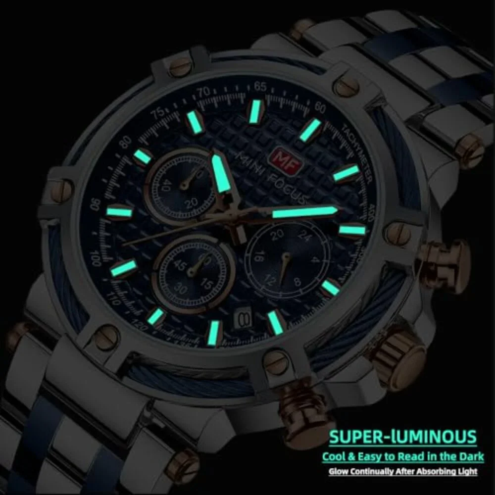 Stainless Steel Chronograph Watch with Luminous Hands, Water Resistant